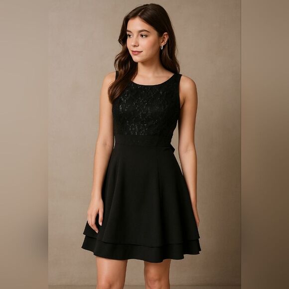 Y2K Vtg Holiday Dress Black Lace Bodice Fit & Flare 8 Sequins Bow LRB - Picture 1 of 7